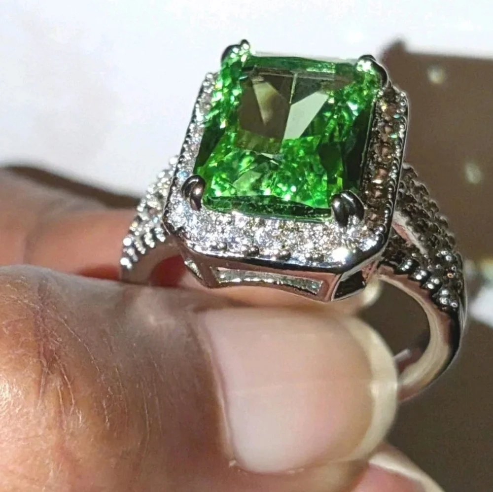 Women's Emerald Cut Green Peridot Halo Engagement Ring 14K White Gold Plated Sz9